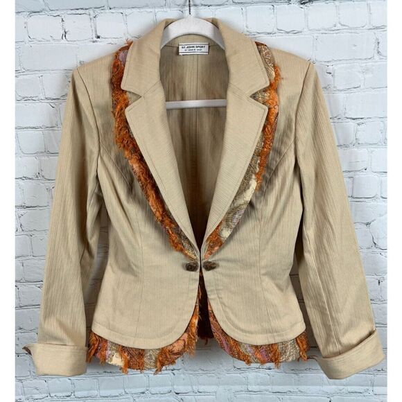 ST. JOHN beige stretch orange fringe classic jacket blazer size XS-S - Picture 1 of 12